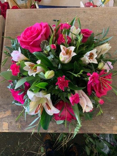 Pink rose and lily funeral posy