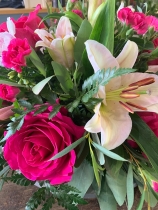 Pink rose and lily funeral posy