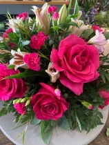 Pink rose and lily funeral posy