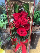 6 long stem red roses boxed